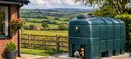 Oil tank by countryside home. new oil tank